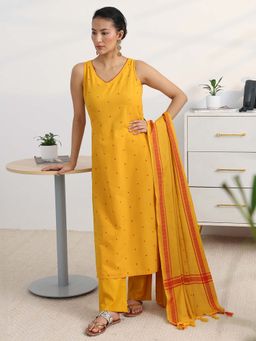 Gerua By Libas - Yellow Woven Kurta with Pant and Dupatta