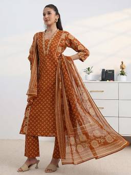Gerua By Libas - Rust Floral Kurta with Pant and Dupatta