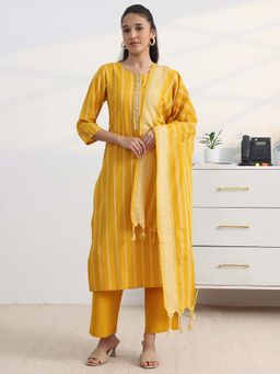 Gerua By Libas - Yellow Stripes Kurta with Pant and Dupatta