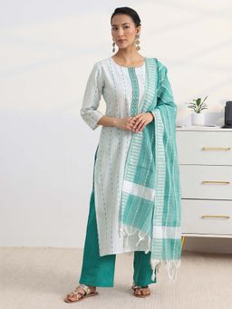 Gerua By Libas - White Stripes Kurta with Pant and Dupatta