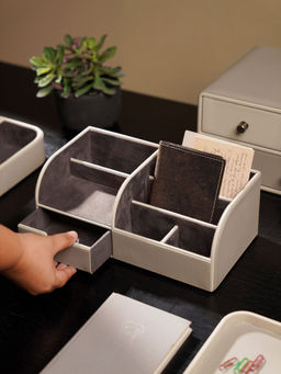 Pure Home + Living - Beige Faux Leather Desk Organiser with Drawer