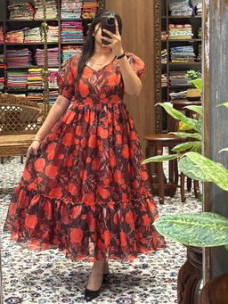Vastranand - Scarlet Bloom Floral Kota Maxi Dress