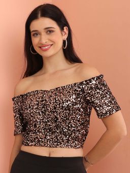 DEBONATELLA - Off Shoulder Sequins Crop Top