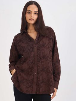 Femmella - Coffee Brown Embroidered Cotton Shirt