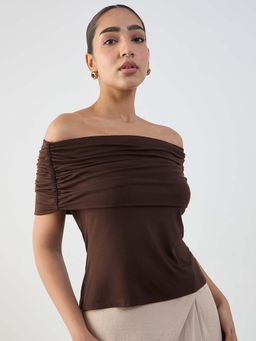 Femmella - Bamboo Brown Knit Off Shoulder Top