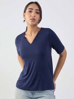 Femmella - Bamboo Navy V-Neck Basic Top