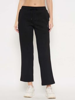 Madame - Solid Print Black Cotton Blend Track Bottoms