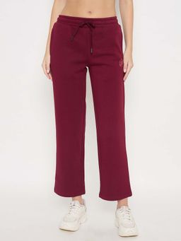 Madame - Solid Print Wine Red Cotton Blend Track Bottoms