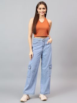 KOTTY - Women's High Rise Solid Cotton Blend Stylish Cargo Jeans