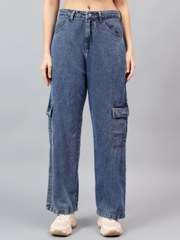 KOTTY - Women's Straight Fit High-Rise Light Fade Stretchable Cargo Jeans