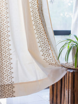 Urban Space - Cotton Window Curtains with Eyelets & Tieback Global Border Taupe (Set of 2)