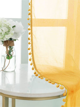Urban Space - Sheer Curtain for Window Eyelets & Tieback-Yellow with Pom Pom (Set of 2)