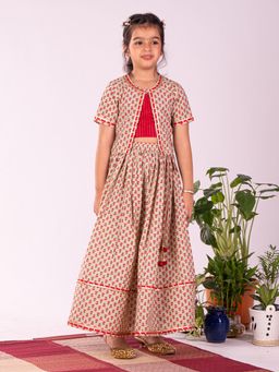 Vastramay - Girl's Cotton Printed Long Skirt and Top with Jacket (Set of 3)