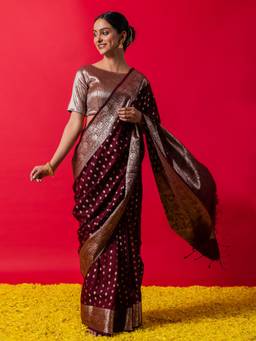 Triyah - Coffee Kalash Silk Saree With Unstitched Blouse Fabric