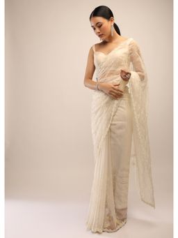 KALKI FASHION - Pearl White Saree In Organza with Scallop Border Motifs with Unstitched Blouse