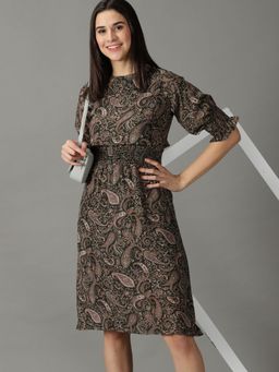 SHOWOFF - Women's Printed High Neck Olive Mini Dress