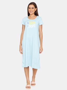 Zivame - Rosaline Symmetry Knit Cotton Mid Length Nightdress - Crystal Blue