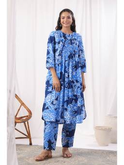 EverBloom - Women Blue Cotton Printed Kurta with Pant (Set of 2)