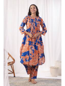 EverBloom - Women Rust Cotton Printed Kurta with Pant (Set of 2)