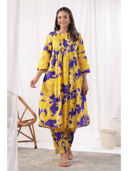 EverBloom - Women Yellow Cotton Printed Kurta with Pant (Set of 2)