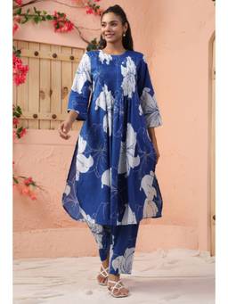 EverBloom - Women Blue Cotton Floral Printed Kurta with Pant (Set of 2)