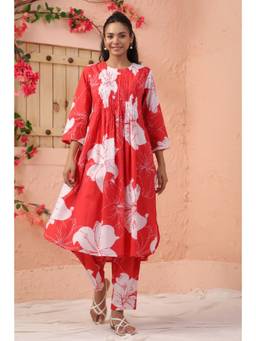 EverBloom - Women Red Cotton Floral Printed Kurta with Pant (Set of 2)