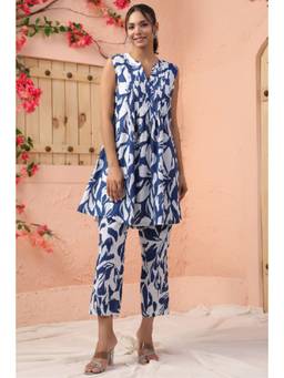 EverBloom - Women Blue Cotton Printed Kurta with Pant (Set of 2)