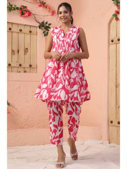 EverBloom - Women Pink Cotton Printed Kurta with Pant (Set of 2)