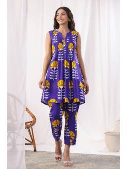 EverBloom - Women Purple Cotton Floral Printed Kurta with Pant (Set of 2)