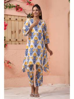 EverBloom - Women Yellow Cotton Floral Printed Kurta with Pant (Set of 2)