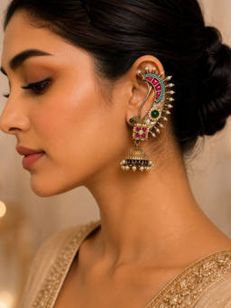 Viana Jewels - Pachi Peacock Navratri Drop Ear Cuffs Style Earrings