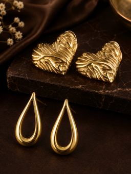 SUGARFRILL - Gold Plated Textured Heart Stud and Teardrop Drop Earrings (Pack of 2)