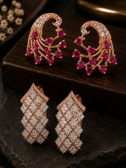 SUGARFRILL - Rose Gold Plated Cubic Zirconia and Ruby Stone Earrings (Pack of 2)