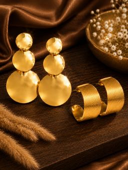 SUGARFRILL - Gold Plated Hammered Disc Drop and Textured Half Earrings (Pack of 2)