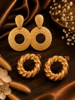SUGARFRILL - Gold Plated Textured Disc Drop and Twisted Drop Earrings (Pack of 2)