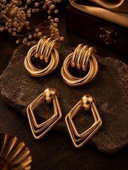 SUGARFRILL - Gold Plated Multi Hoop and Geometric Drop Earrings (Pack of 2)
