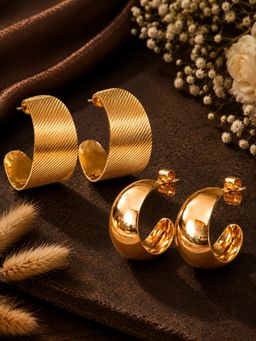SUGARFRILL - Gold Plated Textured and Smooth Half Hoop Earrings (Pack of 2)
