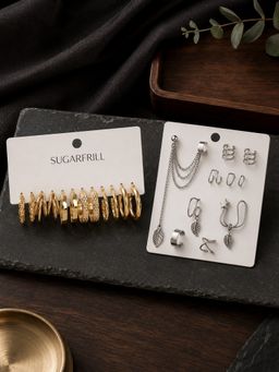 SUGARFRILL - Gold Plated Mixed Design Hoop Earrings (Pack Of 12)