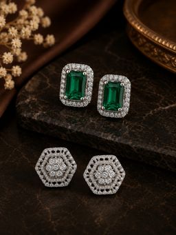 SUGARFRILL - Statement Ad and Cz Stone Green Embellished Earrings (Pack of 2)