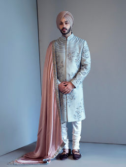 Jatin Malik - Ice Blue Contemporary Sherwani (Set of 4)