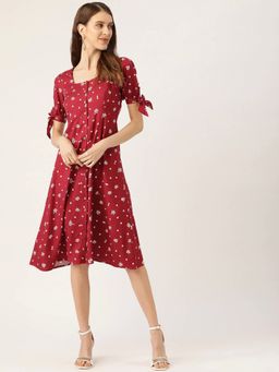 Twenty Dresses by Nykaa Fashion - Maroon Floral Square Neck Knee Length Dress