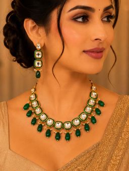 Estele - Green Enamel Kundan Necklace Set With Emerald Green Beads