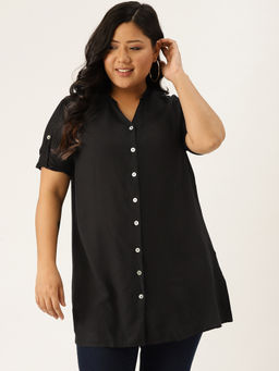 theRebelinme - Plus Size Womens Black Solid Colour Longline Casual Shirt
