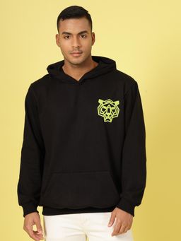 RIGO - Men Black Fleece Oversized Printed Hoodie