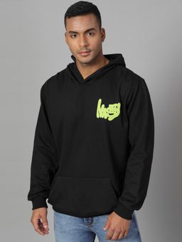 RIGO - Men Black Fleece Oversized Printed Hoodie