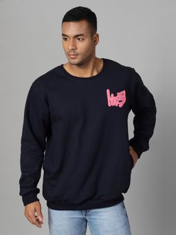 RIGO - Men Navy Fleece Oversized Printed Sweatshirt