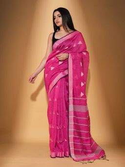 Beatitude - Pink Blended Cotton Woven Saree with Unstitched Blouse