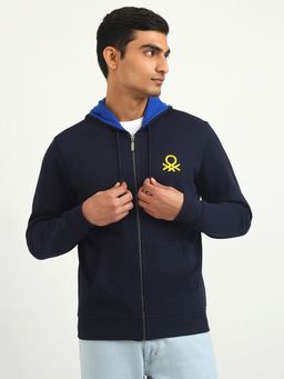United Colors of Benetton - Men Brand Logo Hooded Sweatshirt Navy Blue