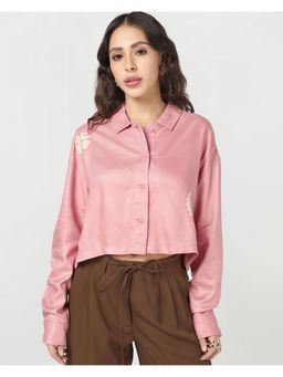 Bewakoof - Women Onion Pink Applique Embroidered Oversized Crop Shirt