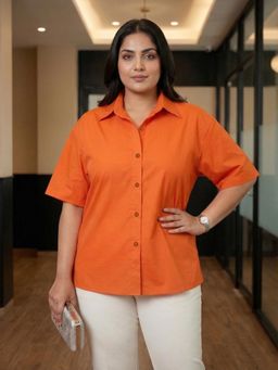 Qurvii - Women Orange Poplin Drop Shoulder Shirt